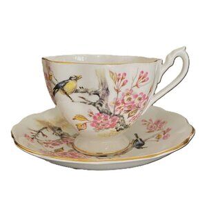 Vintage Queen Anne Bird in Cherry Blossom Tree Fine Bone China Cup Saucer Set
